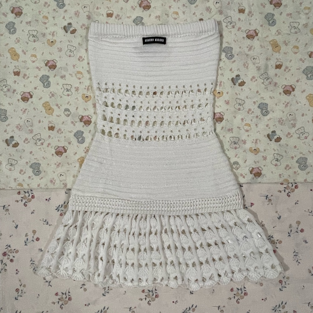 Miu Miu White Strapless Crochet Knit Dress